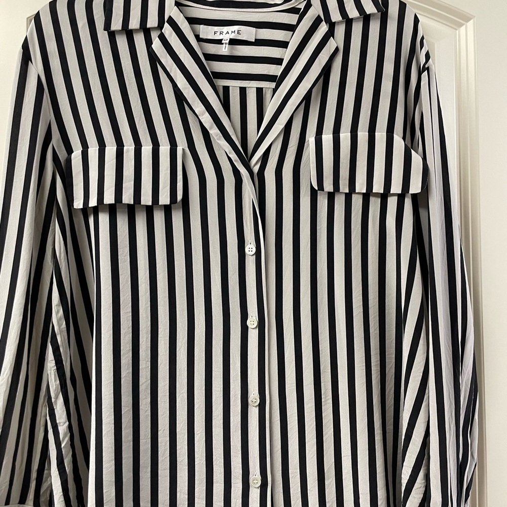 Frame silk shirt, small, black and grey stripes, button down, long sleeves.